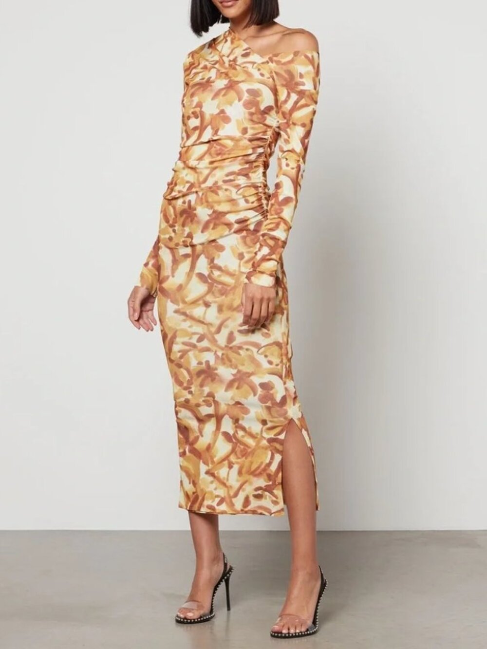NANUSHKA Jasno Mesh Jersey midi dress Fitted Ruched asymmetric neckline Fall S